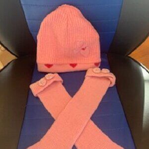 Kid's Toby Pink Hearts Beanie Knitted Winter Hat and Long Socks Set Sz: 4-6T